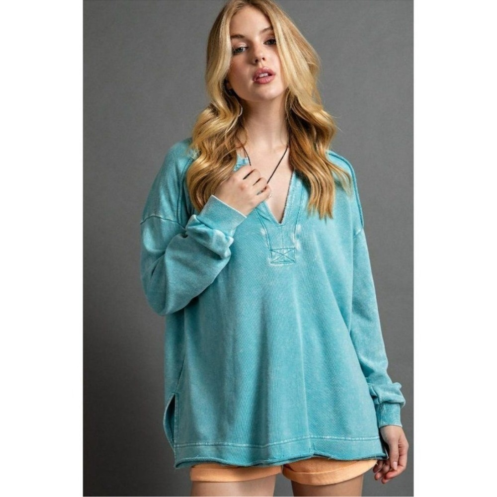 Easel French Terry Turquoise Women's pullover top size large